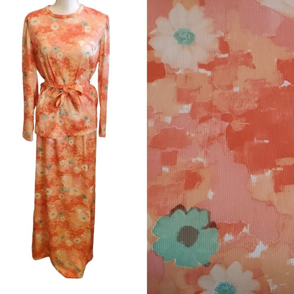 Vintage 70s Retro Floral Skirt Set Medium Orange Peach Pink Vibrant‎ Maxi Sz M